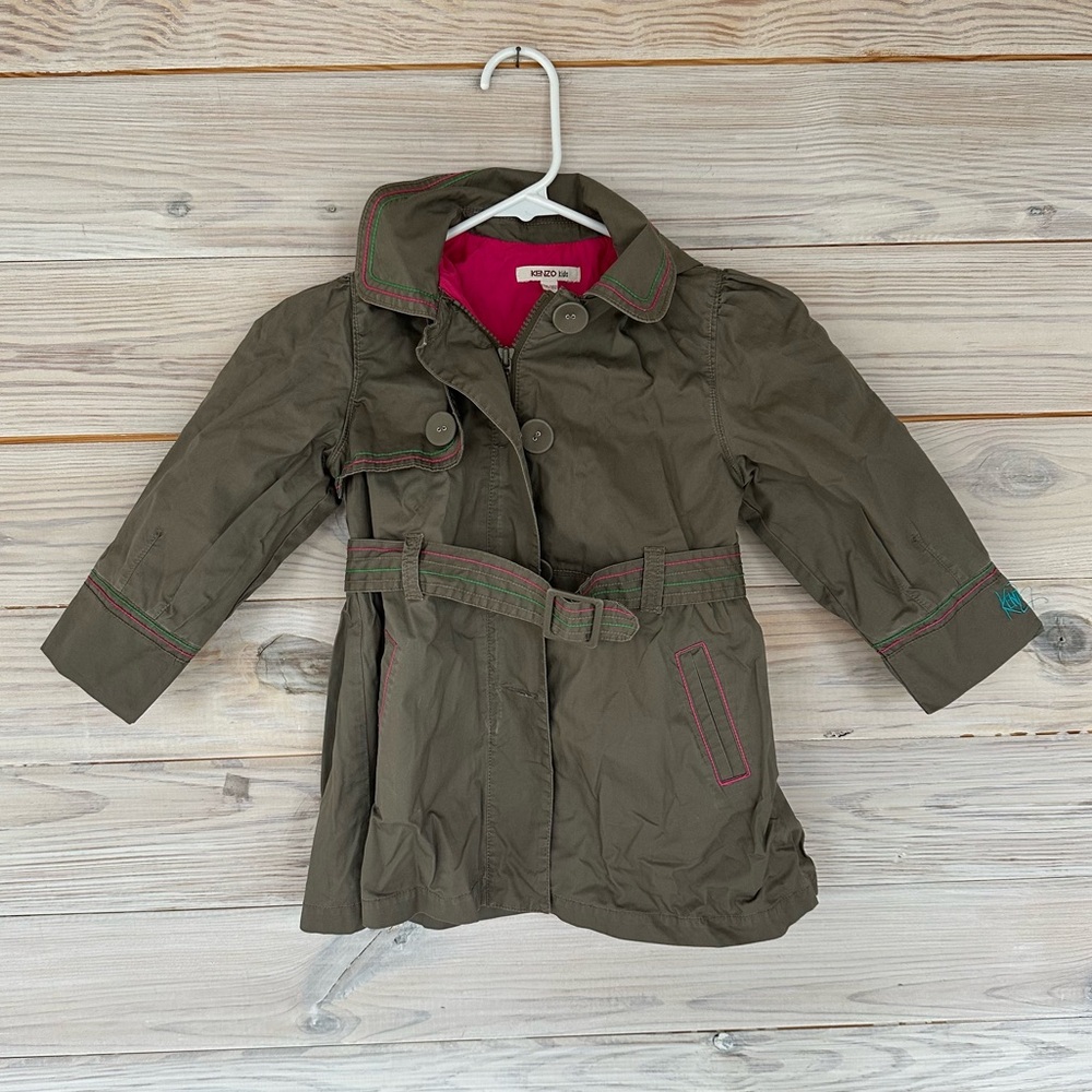Kenzo Kids Olive Green Trench with Pink / Green / Blue Accents